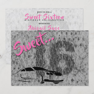 Invitation Rose, Noir et Grunge avec Voiture Sweet 16 Anniver