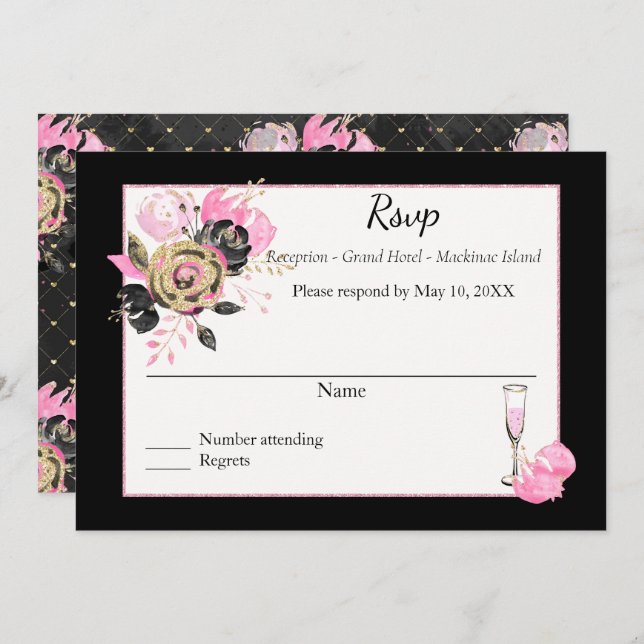 Invitation Rose, noir et or floral Rsvp. (Devant / Derrière)