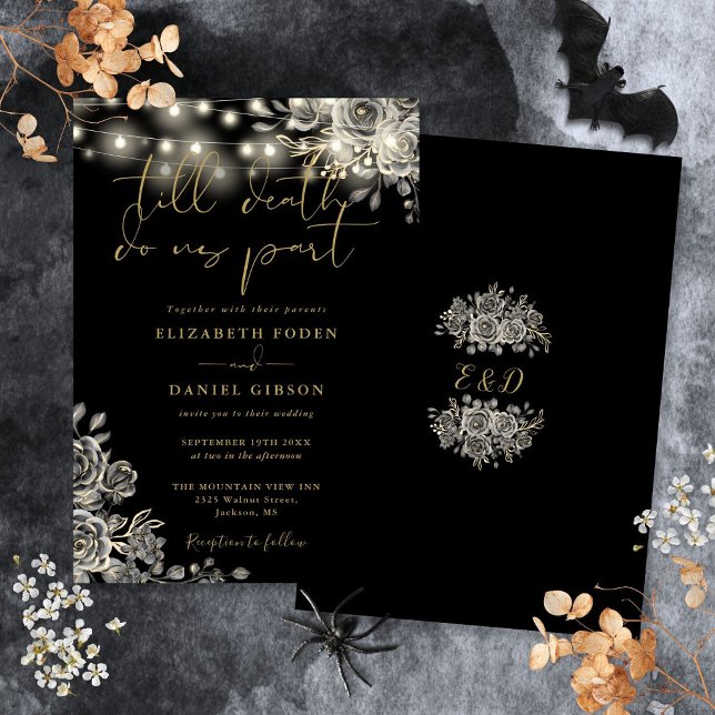 Invitation Rose Noir Et Or Lumières Florales Mariage gothique (Black And Gold Roses Floral Lights Gothic Wedding Invitation)