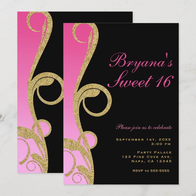 Invitation Rose Noir et Or Moderne Tourbillon Douce Fête de 1 (Devant / Derrière)