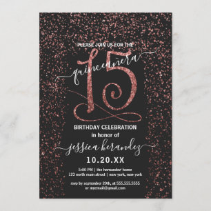 Invitation Rose noir fille Gold Confetti Frontière Quinceañer