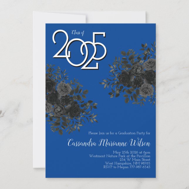 Invitation Rose noir foncé gothique fête de graduation bleu (Devant)