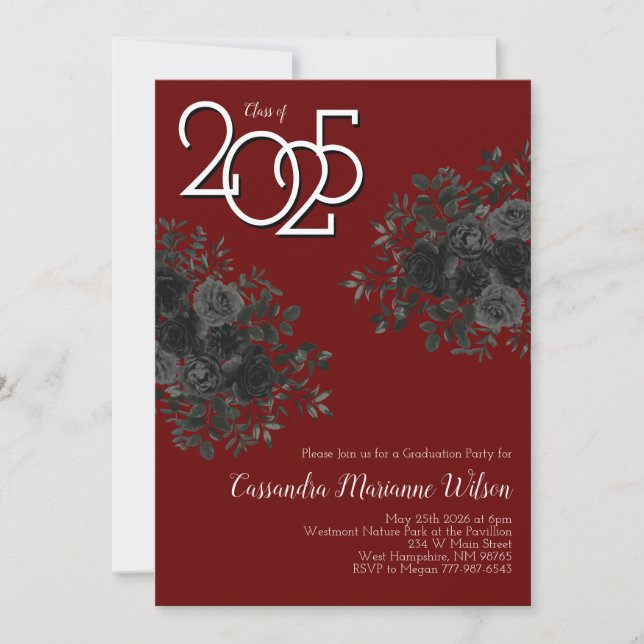 Invitation Rose noir foncé gothique fête de graduation Maroon (Devant)