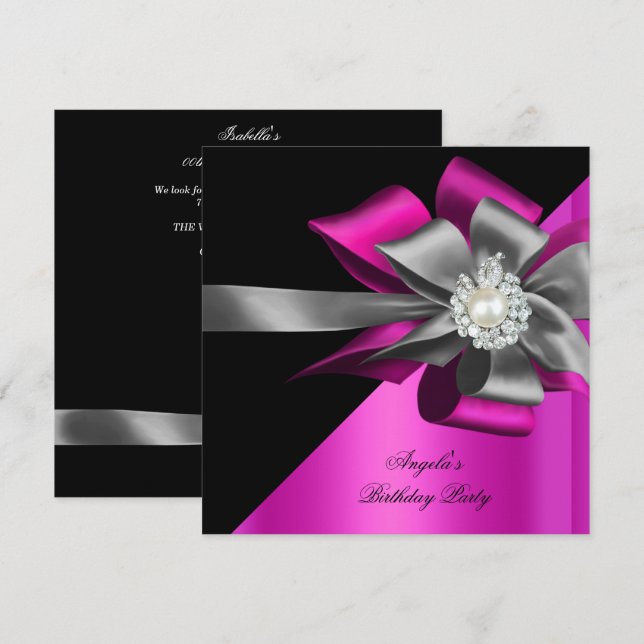 Invitation Rose Noir Gris Argent Nœud Anniversaire Fête (Devant / Derrière)
