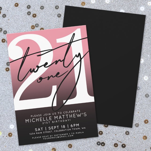 Invitation Rose Noir Moderne 21e Anniversaire (Pink Black Modern 21st Birthday Invitation)