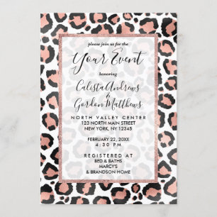 Invitation Rose noir moderne  or Empreinte de léopard à huile