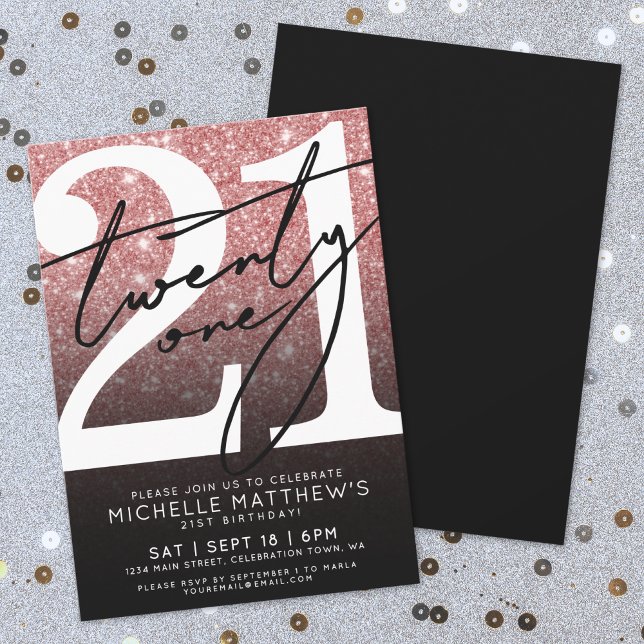 Invitation Rose Noir Moderne Paillettes 21e Anniversaire (Pink Black Modern Glitter 21st Birthday Invitation )