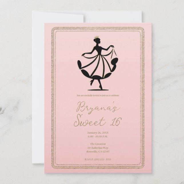Invitation Rose Noir Or Bal Princesse Danseuse Fête (Devant)