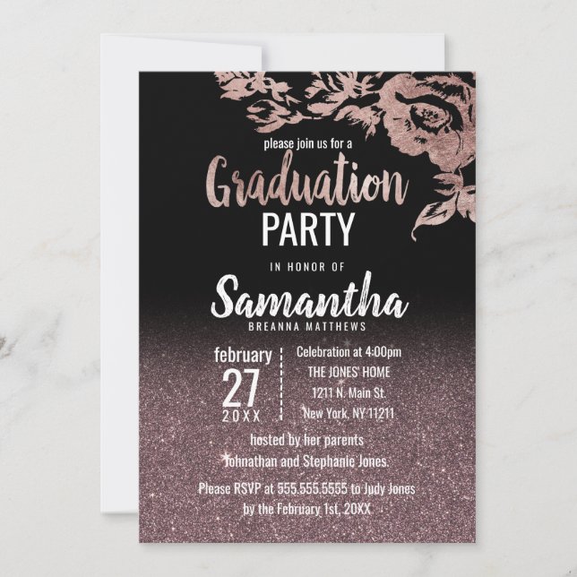 Invitation Rose noir Parties scintillant or Floral Graduation (Devant)