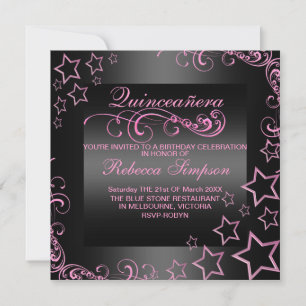 Invitation rose/noir Quinceañera Star & Swirl