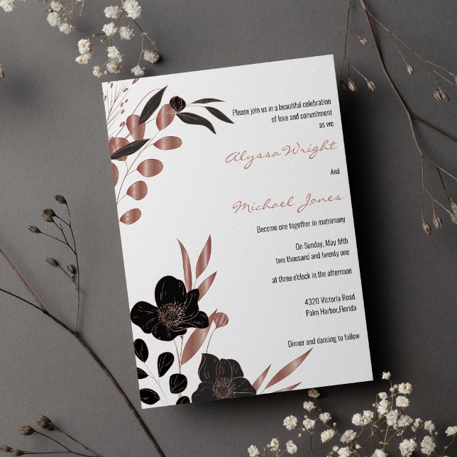 Invitation Rose noir sophistiqué Mariage glamour floral or  (Sophisticated black rose gold floral glam Wedding )