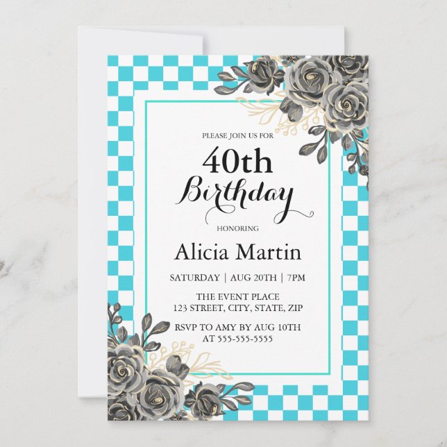 Invitation Rose noir Turquoise & Blanc À damiers Anniversaire (Devant)