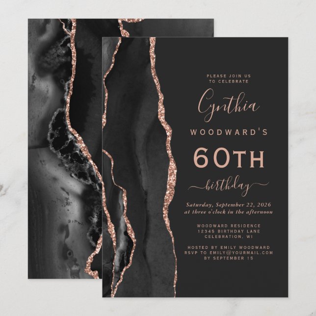 Invitation Rose Noire Agate Dorée Fête d'anniversaire des 60  (Devant / Derrière)