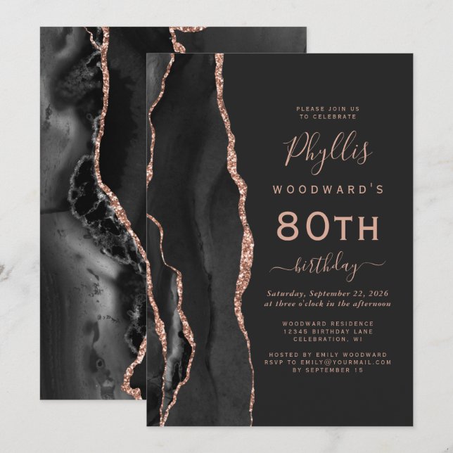 Invitation Rose Noire Agate Dorée Fête des 80 ans Sombre (Devant / Derrière)