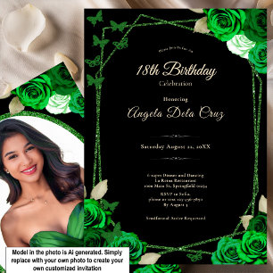 Invitation Rose noire et verte élégante pour les 18 ans Début