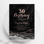 Invitation Rose noire or agate 30e anniversaire<br><div class="desc">Invitation d'anniversaire 30 ans à l'agate noire et rose or. Design moderne élégant avec fond de géode d'agate marbrée à l'aquarelle, rose or à paillettes faux et police de caractères script. Carte d'invitation tendance parfaite pour une célébration d'anniversaire de femme stylée. Invitations Zazzle imprimées ou modèle numérique de template imprimable...</div>