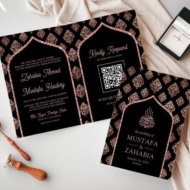 Invitation Rose Noire Or Arch Damask QR Code Mariage Musulman (Créateur téléchargé)