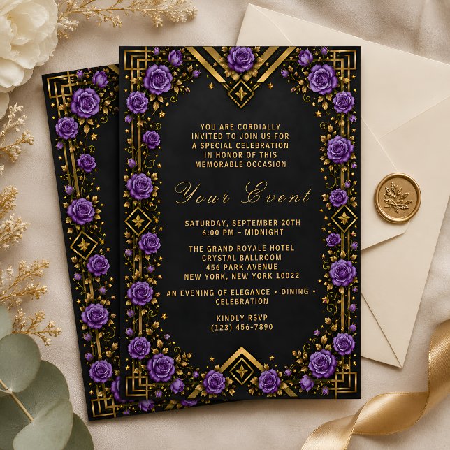 Invitation Rose noire, or et violette élégante (Créateur téléchargé)