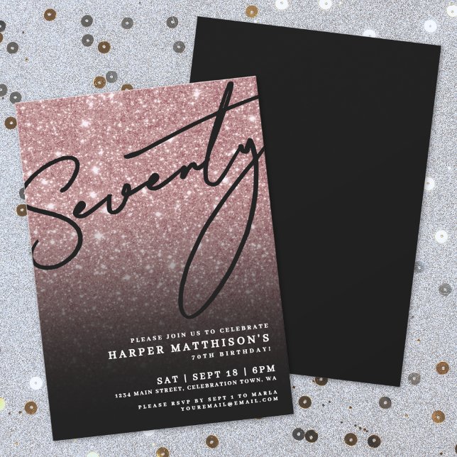 Invitation Rose Noire Or Soixante-dix 70e Anniversaire (Black Rose Gold Seventy 70th Birthday Invitation )