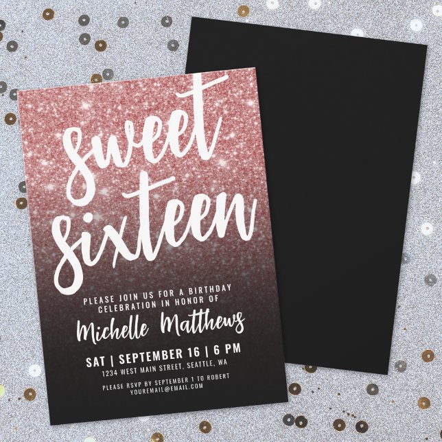 Invitation Rose noire paillettes dorées 16e anniversaire (Black Rose Gold Glitter 16th Birthday Invitation)