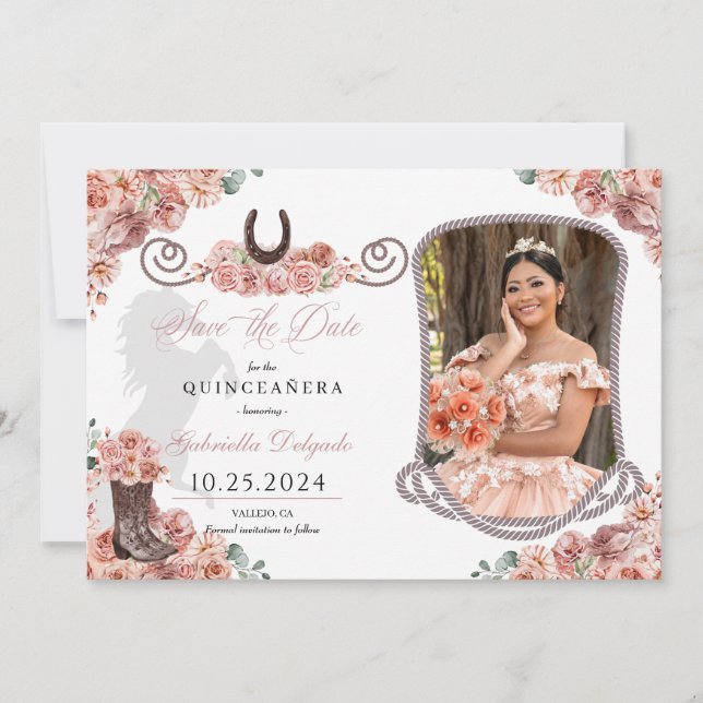 Invitation Rose Occidental Gold Quinceañera Enregistrer la ph (Devant)