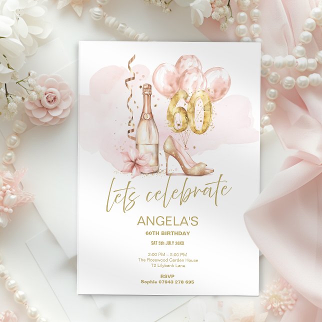 Invitation Rose & Or 60e anniversaire, Champagne & talons (Créateur téléchargé)