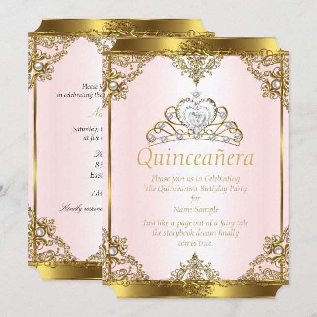 Invitation Rose Or Blanc Perle Princesse Quinceanera (Devant / Derrière)