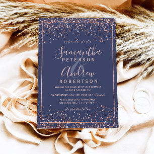 Invitation Rose or bleu marine confetti typographie mariage