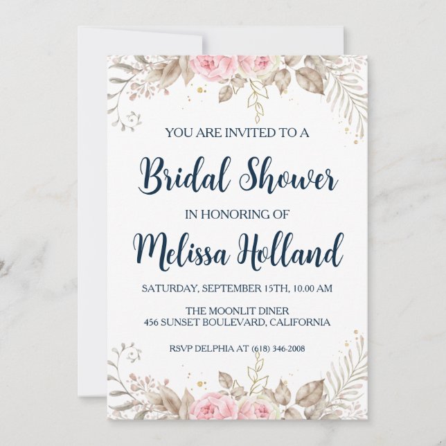 Invitation rose or botanique moderne douche nuptiale (Devant)