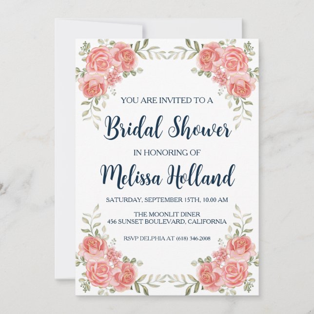 Invitation rose or botanique moderne douche nuptiale (Devant)