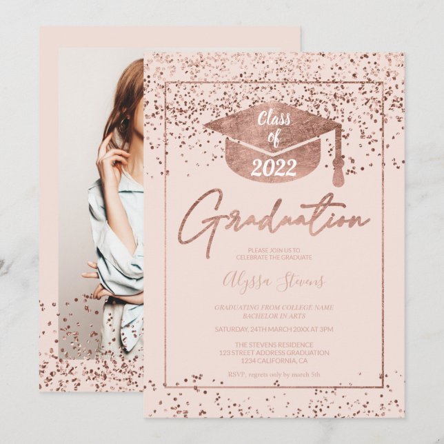 Invitation Rose or confetti blush rose script graduation (Devant / Derrière)