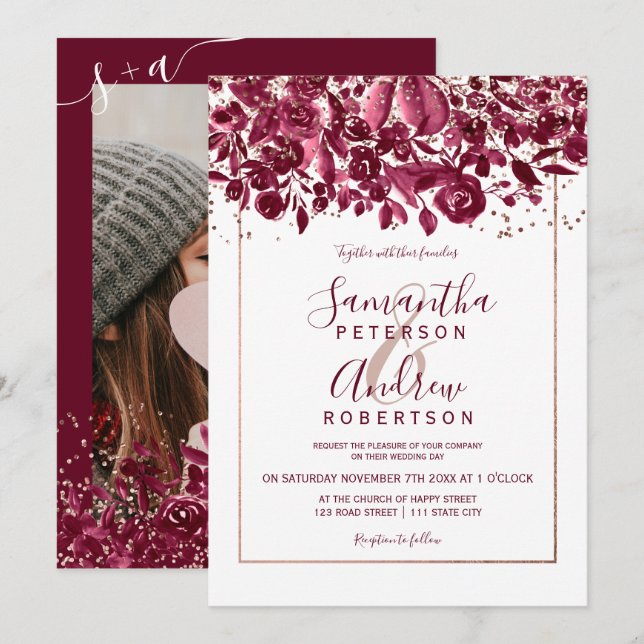 Invitation Rose or confetti burgundy floral photo mariage (Devant / Derrière)