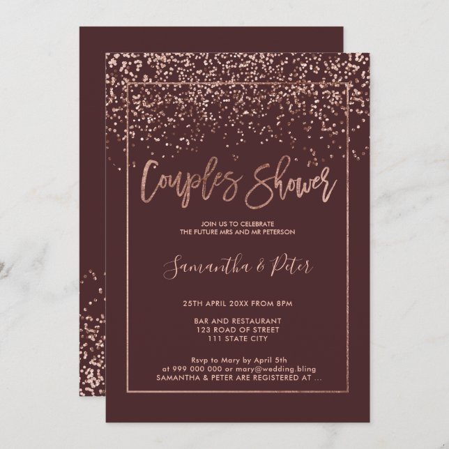 Invitation Rose or confetti burgundy script couples douche (Devant / Derrière)