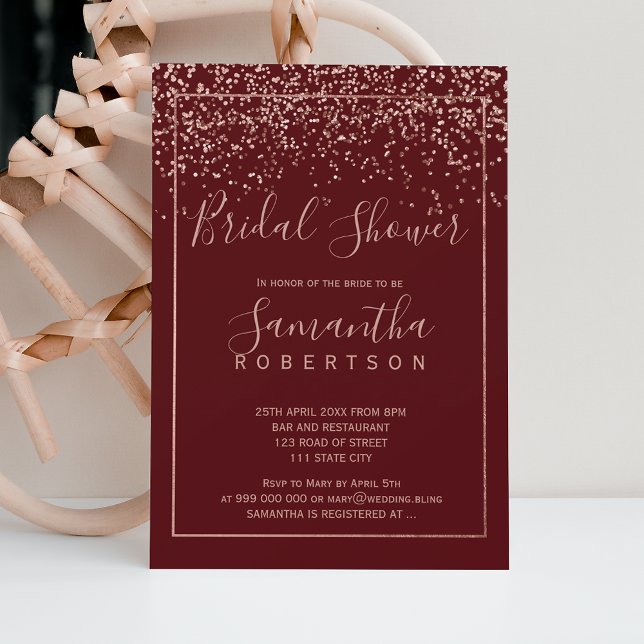 Invitation Rose or confetti burgundy script nuptiale douche (Créateur téléchargé)