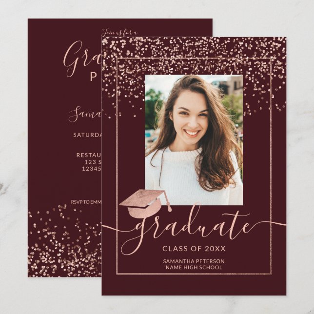 Invitation Rose or confetti burgundy typographie graduation (Devant / Derrière)