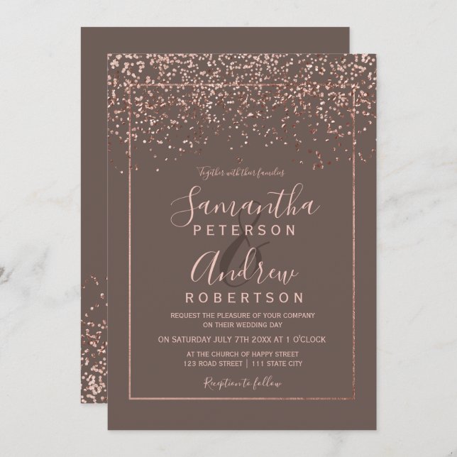Invitation Rose or confetti café typographie mariage (Devant / Derrière)