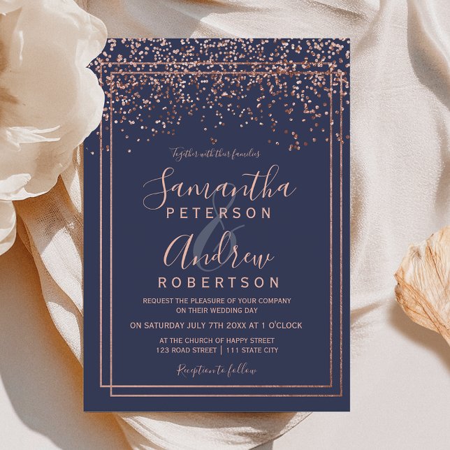 Invitation Rose or confetti marine bleu frontière chic mariag (Rose gold confetti navy blue border chic wedding invitation)