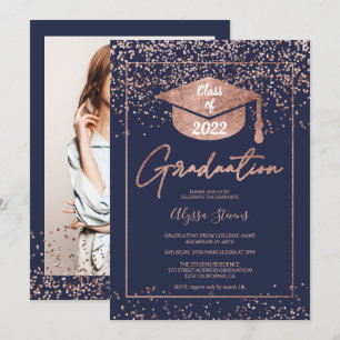 Invitation Rose or confetti marine bleu script graduation