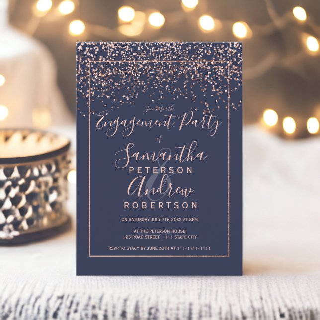 Invitation Rose or confetti marine bleu typographie fiançaill (Rose gold confetti navy blue typography engagement invitation)