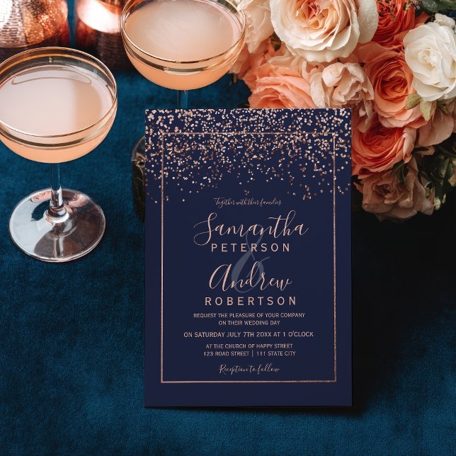 Invitation Rose or confetti marine bleu typographie mariage (Elegant Luxe Rose gold confetti navy blue wedding Invitation)