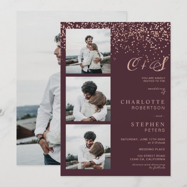 Invitation Rose or confetti rouge initiales photos mariage (Devant / Derrière)