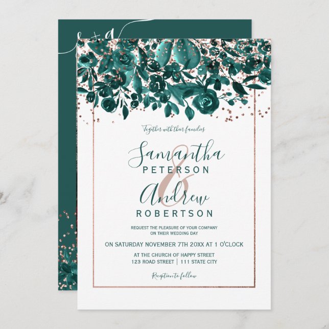 Invitation Rose or confetti vert chic floral photo mariage (Devant / Derrière)