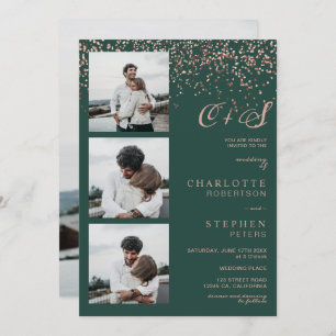 Invitation Rose or confetti vert initiales photos mariage