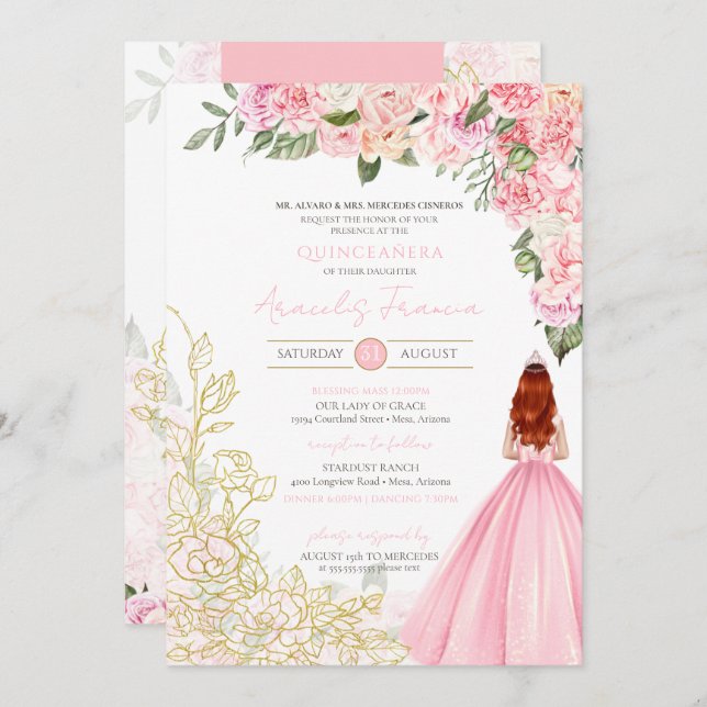 Invitation Rose or élégant Floral jolie robe Quinceanera (Devant / Derrière)