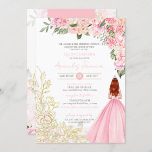 Invitation Rose or élégant Floral jolie robe Quinceanera