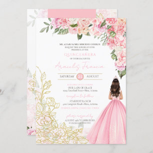 Invitation Rose or élégant Floral jolie robe Quinceanera