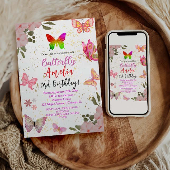 Invitation Rose or élégant papillon fille anniversaire violet (Créateur téléchargé)