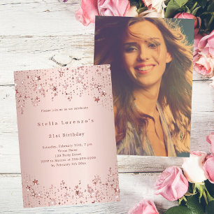 Invitation Rose or étoiles photo anniversaire