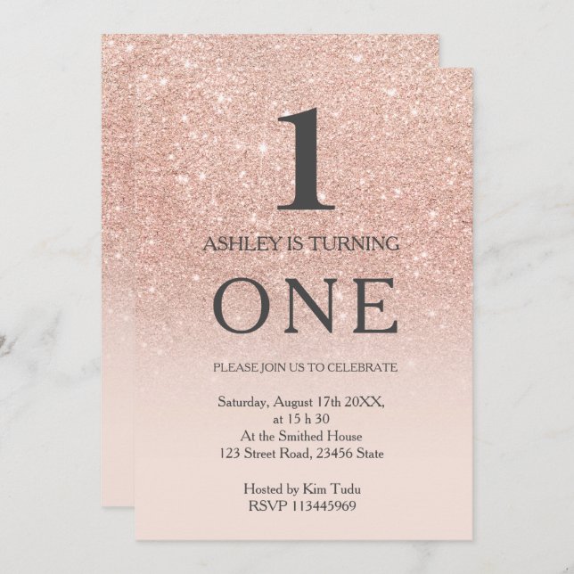 Invitation Rose or faux parties scintillant rose ombre 1st an (Devant / Derrière)