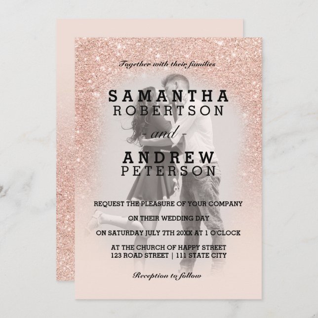 Invitation Rose or faux parties scintillant rose ombre photo  (Devant / Derrière)